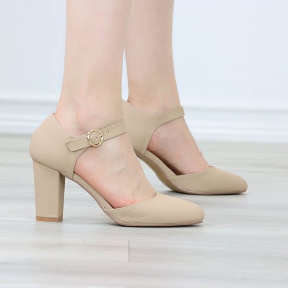 Beige High Heels Ankle Strap Almond Toe Block Classic Pumps Nubuck - Picture 3 of 12